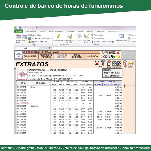 Planilha De Controle De Banco De Horas - Folha De Ponto