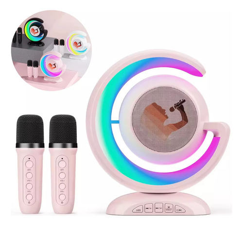 Parlante Rosa Bluetooth Portatil Led Rgb Karaoke 2 Microfonos Veoquiero