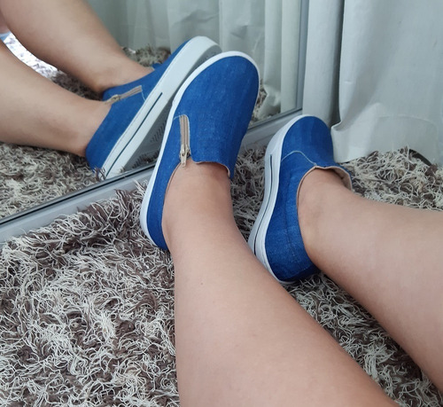 Imagem 3 de 4 de Tênis Feminino Slip On Casual Iate Azul Jeans Moda Flatform