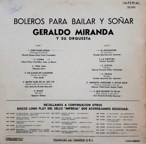 Geraldo Miranda Y Su Orq - Boleros Para Bailar Y Soñar Lp C (Usado)