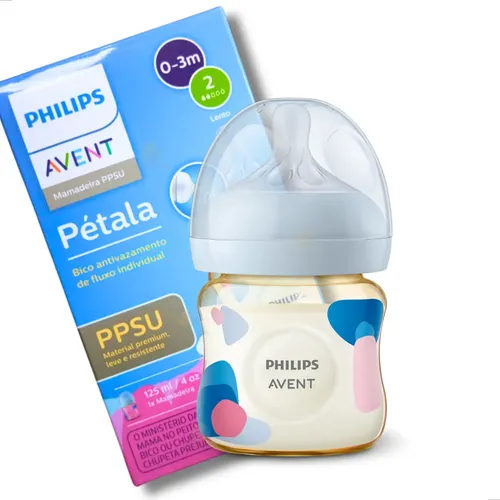 Mamadeira Avent Pétala Ppsu Azul E Rosa 125ml 0m+ Bico N°2 Azul E Rosa Decorada Tintas