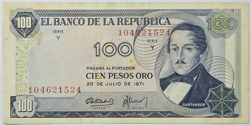 Billete 100 Pesos 20/jul/1971 9 Digitos Colombia Au