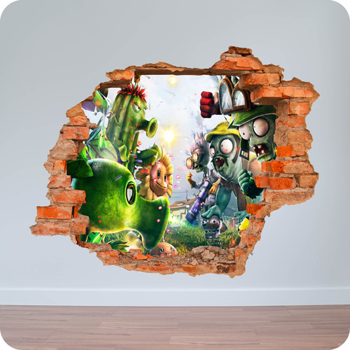 Vinilo Pared Rota 3d Plantas Vs Zombies 80x80