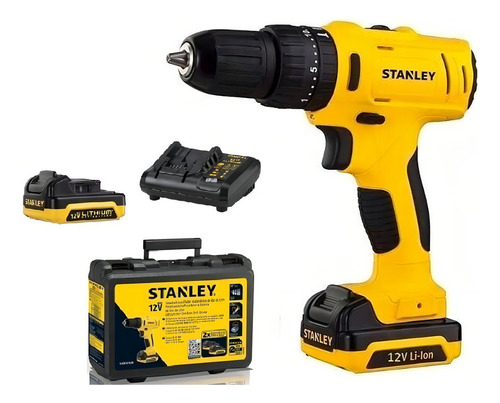 Taladro percutor atornillador inalámbrico de 10mm Stanley SCH12S2K + accesorio con maletín de transporte