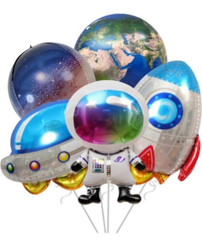 Pack 5 Globos Metalizados Astronauta Cohete Ovni Planetas 4d