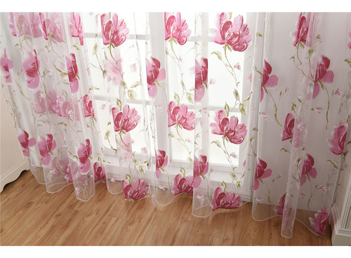 Cortina Rosa De Gasa Transparente Con Estampado De Flores, 1