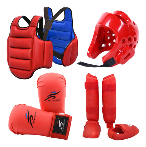 4 Piezas Karate Sparring Gear Casco De Boxeo Rojo L