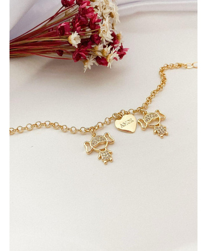 Pulseira Pingente Meninas Irmãs De Zirconias Hipoalergênica