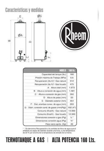 Imagen 2 de 2 de Termotanque Rheem Alta Potencia 160 Lts Apg160nrh07 Gas !