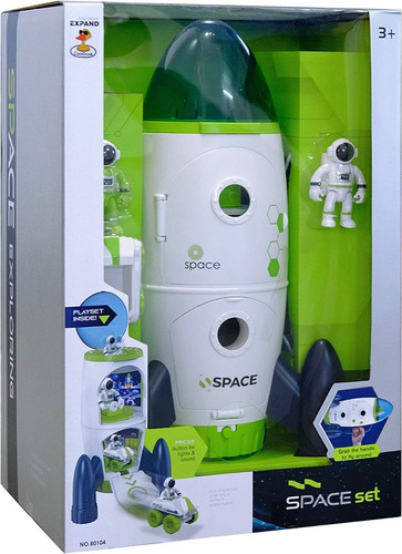 Cohete Nave Espacial Luz Sonido 2 Astronauta + Vehiculo Rove Color Blanco y Verde