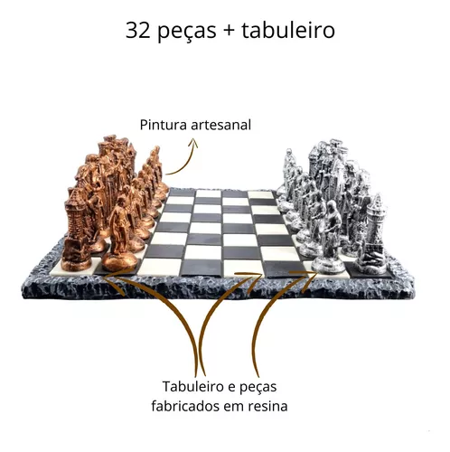 Jogo De Xadrez Medieval Tabuleiro E Peças Em Resina Completo