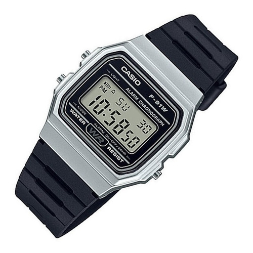 Reloj pulsera Casio Collection F-91 de cuerpo color plateado, digital, fondo gris, con correa de resina color negro, dial negro, minutero/segundero negro, bisel color plateado y hebilla simple