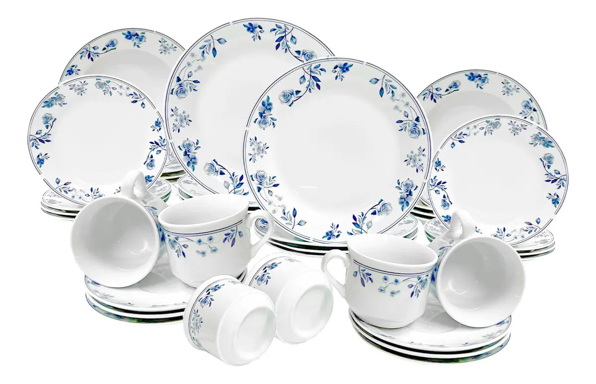 Aparelho De Jantar Mayara Em Porcelana 40 Peças Cor Branco E Azul Hauskraft