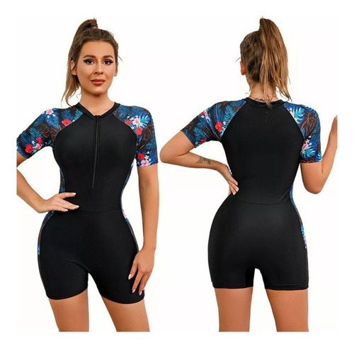 Traje De Baño Enterizo Deportivo Floral De Manga Corta 