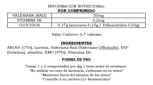 Valeriana + Vitamina B 6 X 60 Comprimidos. Dasipa
