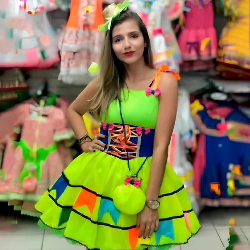 Vestido Junino Adulto Verde Neon C/ Bandeirinhas E Bolsa +nf