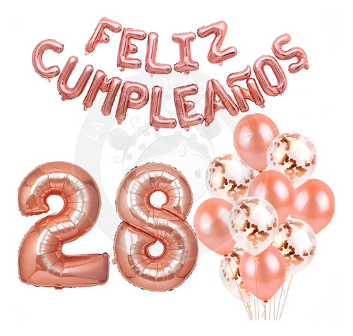 Globo Numero 28 1 M + Letras 40 Cm + Globos Latex Rosa Gold