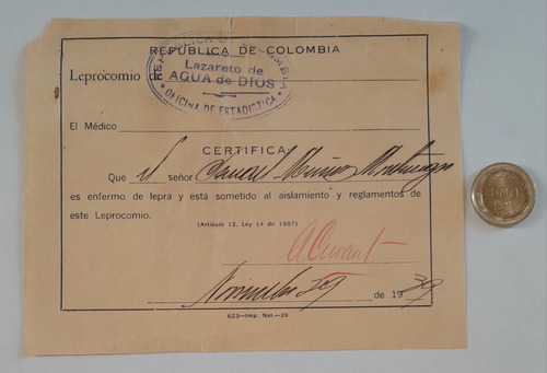 Documento Antiguo, Certificado De Lepra, Lazareto. 1939