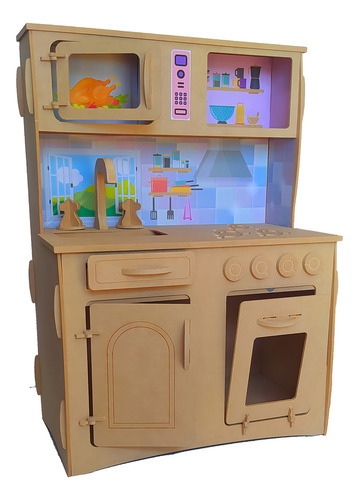 Cocinita Para Niños Con Sticker + Heladera Madera Fibrofacil Color Minichef Fibro
