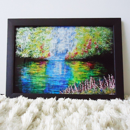 Imagem 1 de 8 de Quadro Lago Encantado, Pintura Em Vidro Com Verniz Vitral