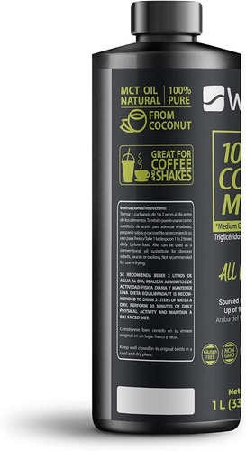 Imagen 2 de 6 de Wellthy Mct Oil Aceite Mct Hasta 95% De C8 Y C10 1l