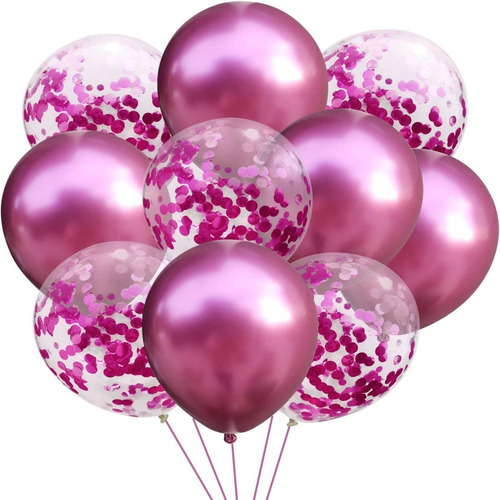 Set 10 Globos Transparente Cristal C/ Confetti  Y  Fucsia