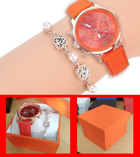 Kit Relógio Geneva Cor Laranja Feminino + Pulseira + Caixa 