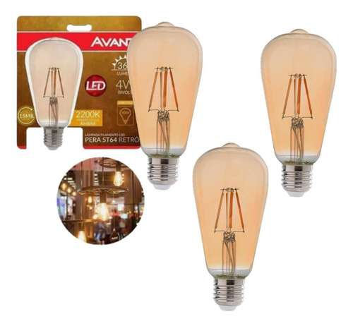 Kit 3 Lampada Led Retrô Filamento St64 Pêra 4w Cor Da Luz Âmbar 2200k E27 Bivolt Vintage Avant