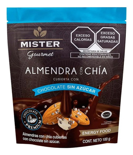 Almendras Con Chía Y Chocolate Sin Azúcar Mister 100 G 