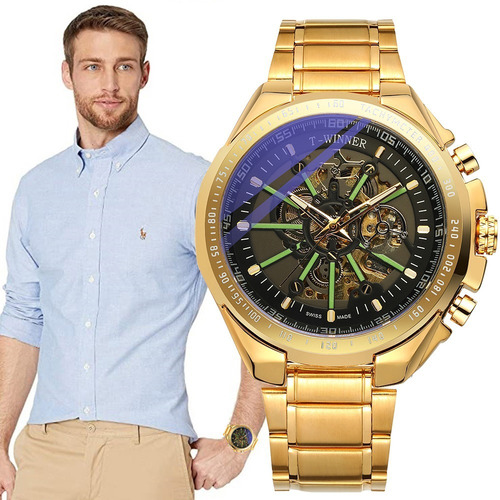 Imagen 7 de 10 de Reloj De Marca Winner Automático Hombre Skeleton Dorado