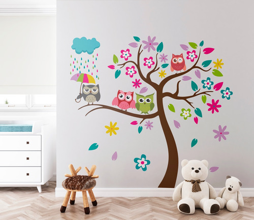 Vinil Decorativo Habitación Infantil, Árbol Colorido Búhos