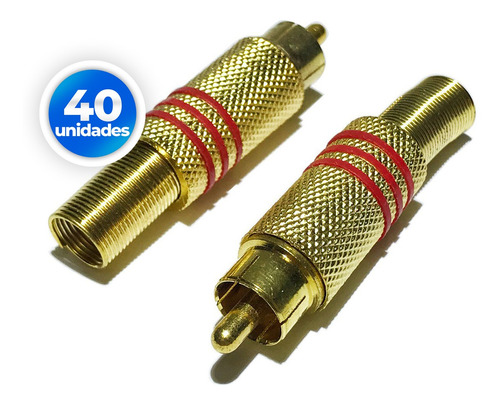 40 Conector Rca Plug Tipo Macho Dourado Com Mola Metal 40und