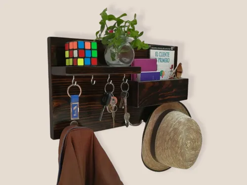 Perchero De Madera Porta Llaves 2 Repisas Organizador Pared