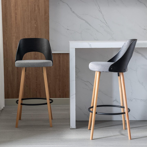 Sillas De Bar De Madera Con Asiento De Tela Gris, Respaldo D