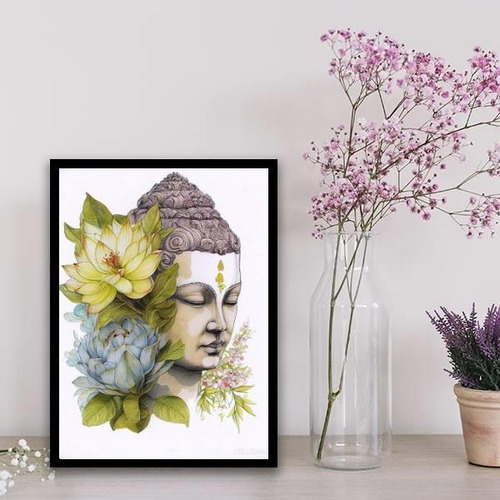 Quadro Aquarela Buda Com Flores 24x18cm - Com Vidro Preta