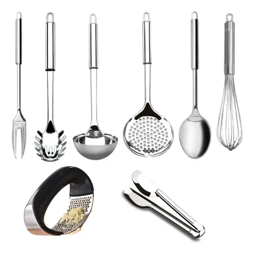 Jogo Kit 8 Utensílios De Cozinha 100% Inox Cor Prateado