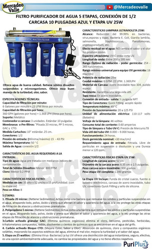 Filtro De Agua 10 Pulgadas 5 Etapas Conexión 1/2 Luz Uv 25w