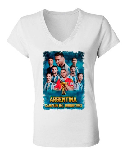 Remera Argentina Campeon Futbol Plantel Mujer Escote V