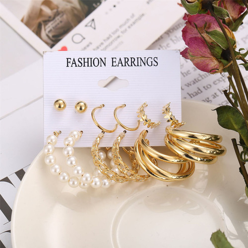 Pendientes Geométricos De Perlas Para Mujer R Metal 4892, 6