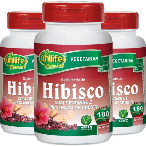 Kit Com 3 Hibisco Com Gengibre 180 Comprimidos Unilife