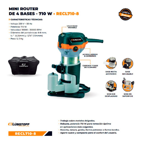 Fresadora Recortadora Lusqtoff 710w 4 Bases Router 30000rpm