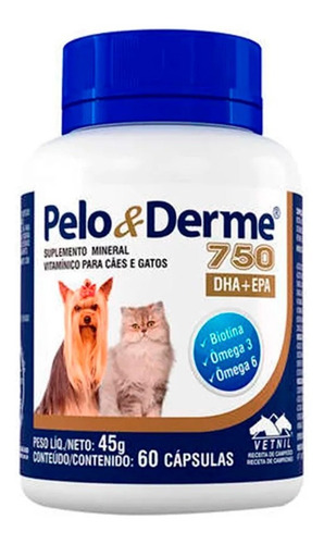 Pelo E Derme Para Cães E Gatos 750mg Dha+epa 60 Cápsulas