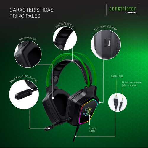 Imagen 7 de 10 de Auriculares Gamer Aiwa Constrictor Rgb Con Mic