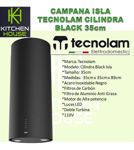 Campana Isla Tecnolam Cilindra Black 35cm 