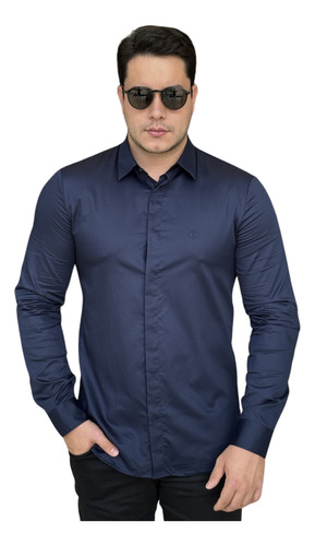 Camisa Armani Exchange Azul Manga Longa Slim Masculino 