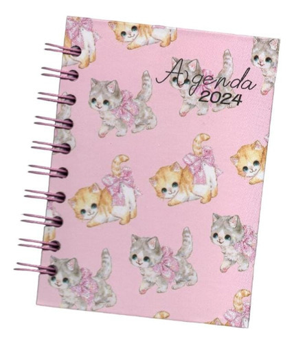 Agenda Pequena 2024 Diária Gatinho Capa Dura Com Elástico Cor da capa Rosa9