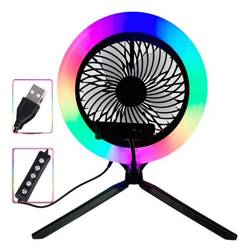 Mini Ventilador Escritorio Con Aro Luz Led Rgb Trípode Mesa 25 Cm Negro Blanco Plástico 5