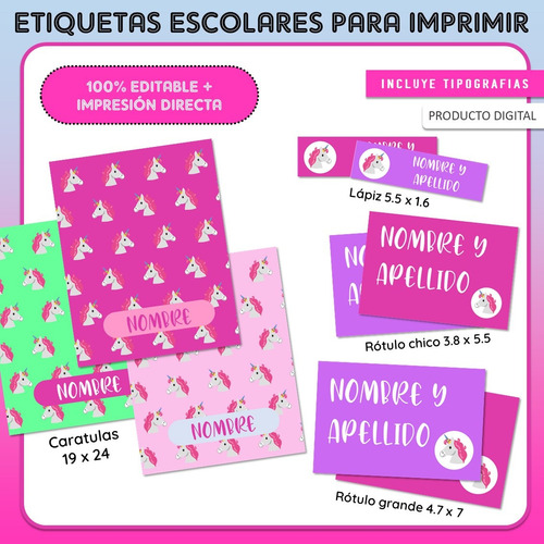 Pack Imprimible Etiquetas Escolares Unicornio