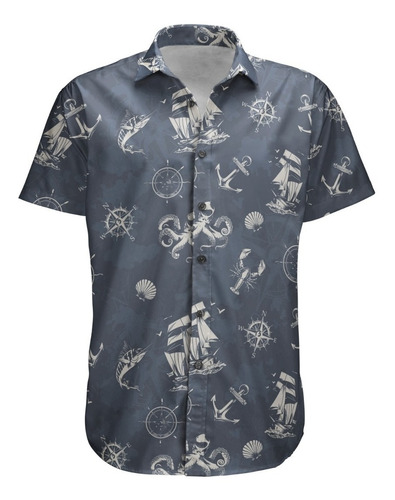 Camisa Botão Navegação Naval Mapa Vintage Ancora Nautico 