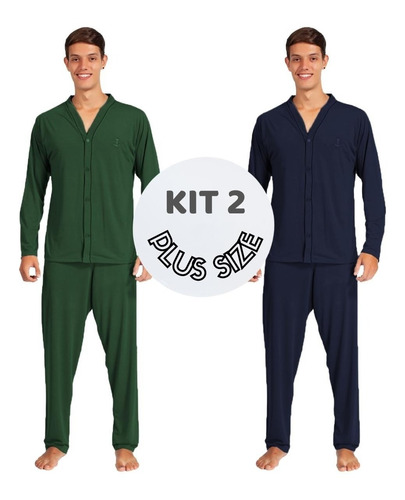 Imagem 1 de 8 de Kit 2 Pijamas Plus Size Manga Longa Liso Aberto Adulto Homem